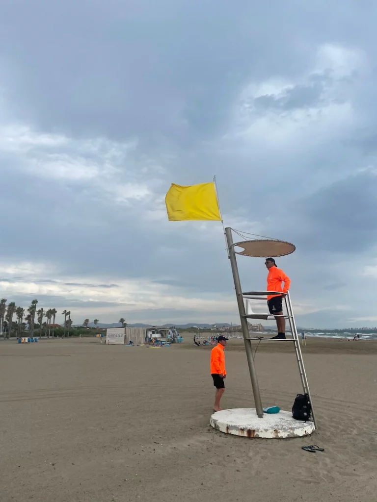 Yellow beach flag, Valencia, Spain